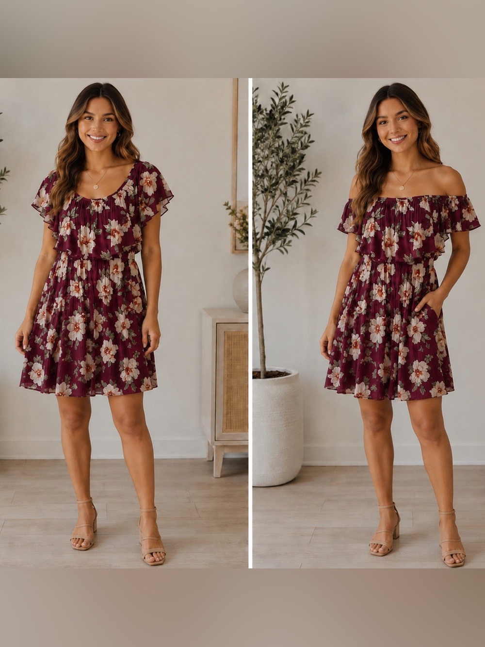 Zenobia Burgundy Floral Off-Shoulder Mini Culotte Dress